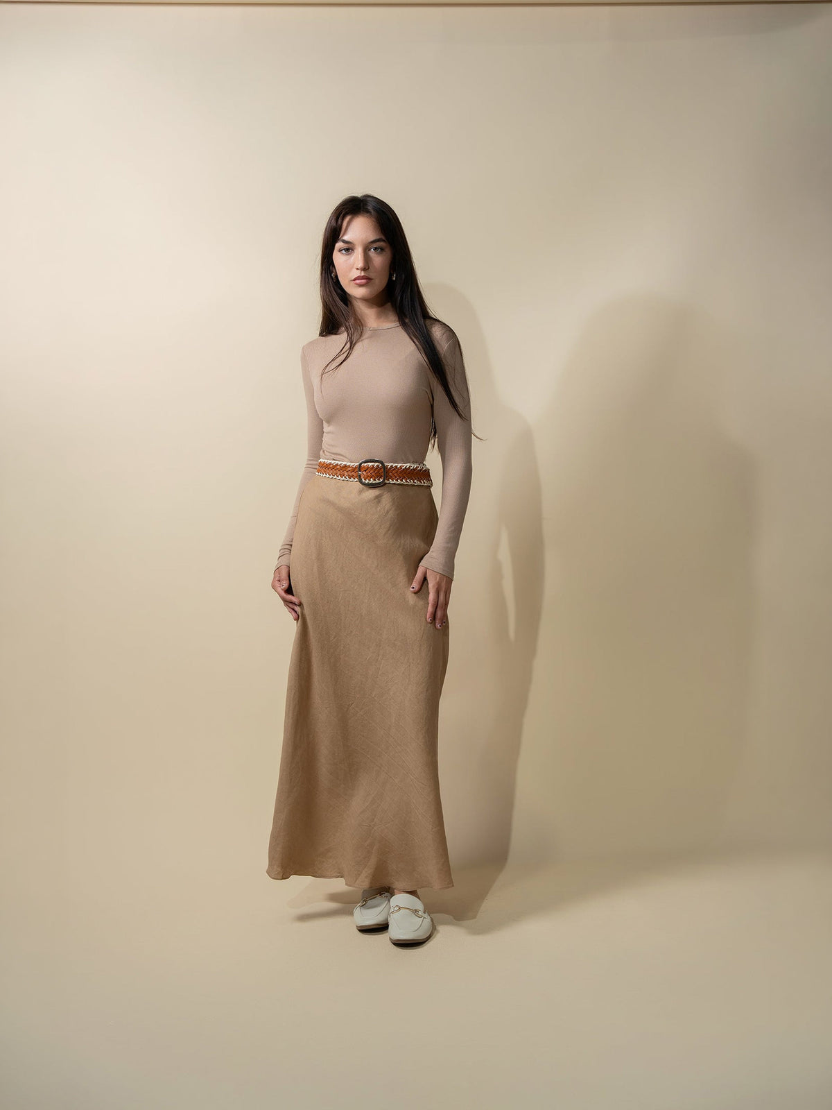 Linen Slip Skirt-Tan