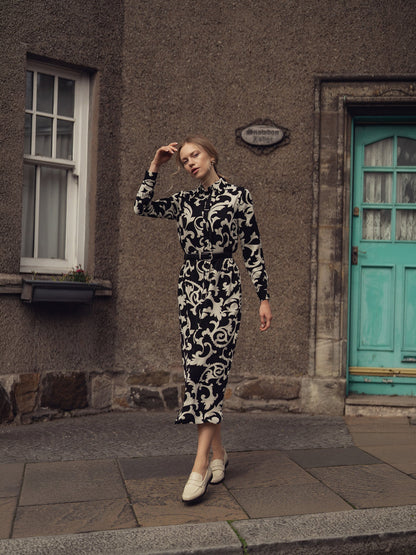 Long Button Down Shirtdress-Black/White Floral
