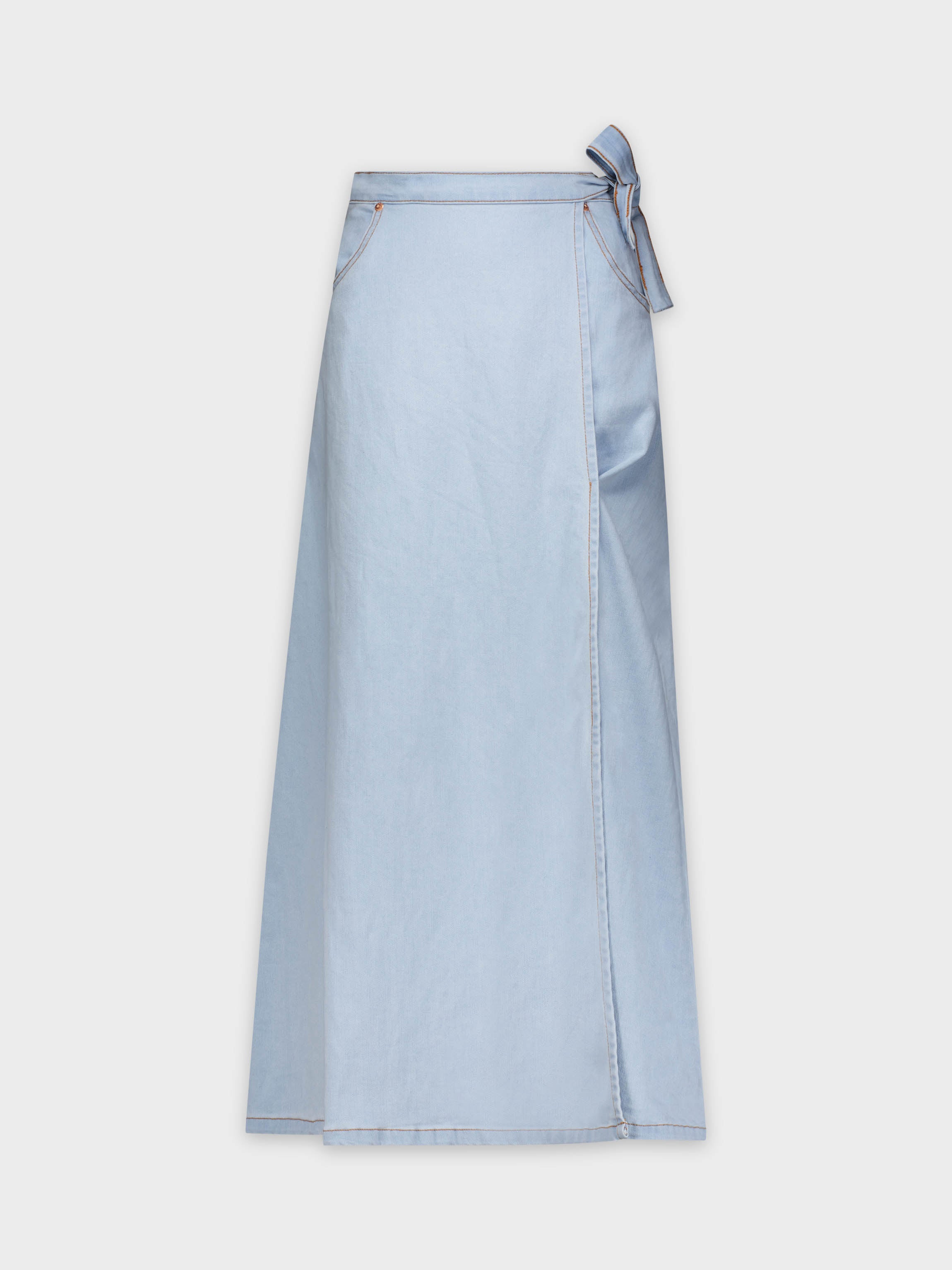 STRETCH DENIM WRAP SKIRT-LT BLUE