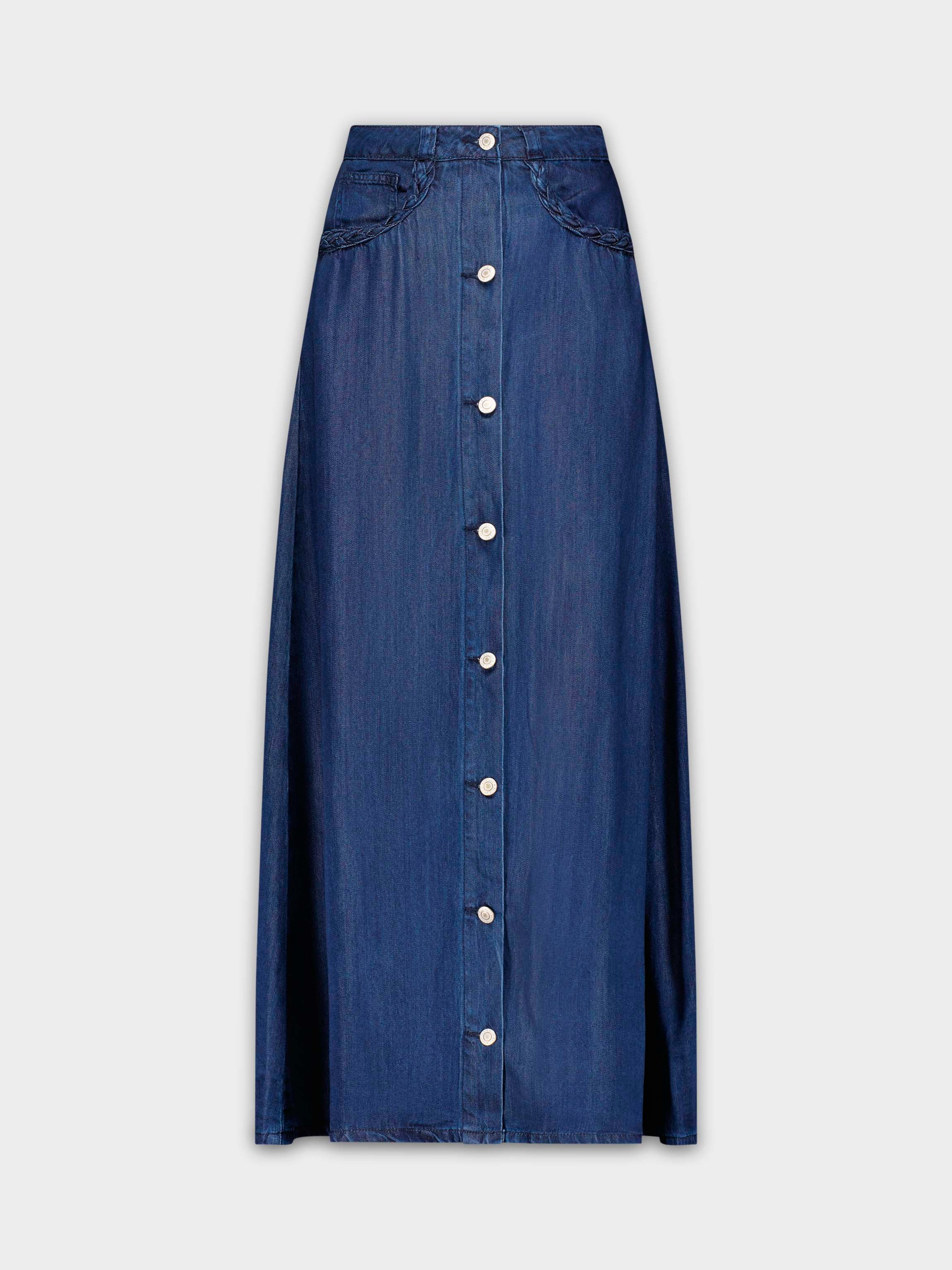 BRAID POCKET DENIM SKIRT-DARK BLUE