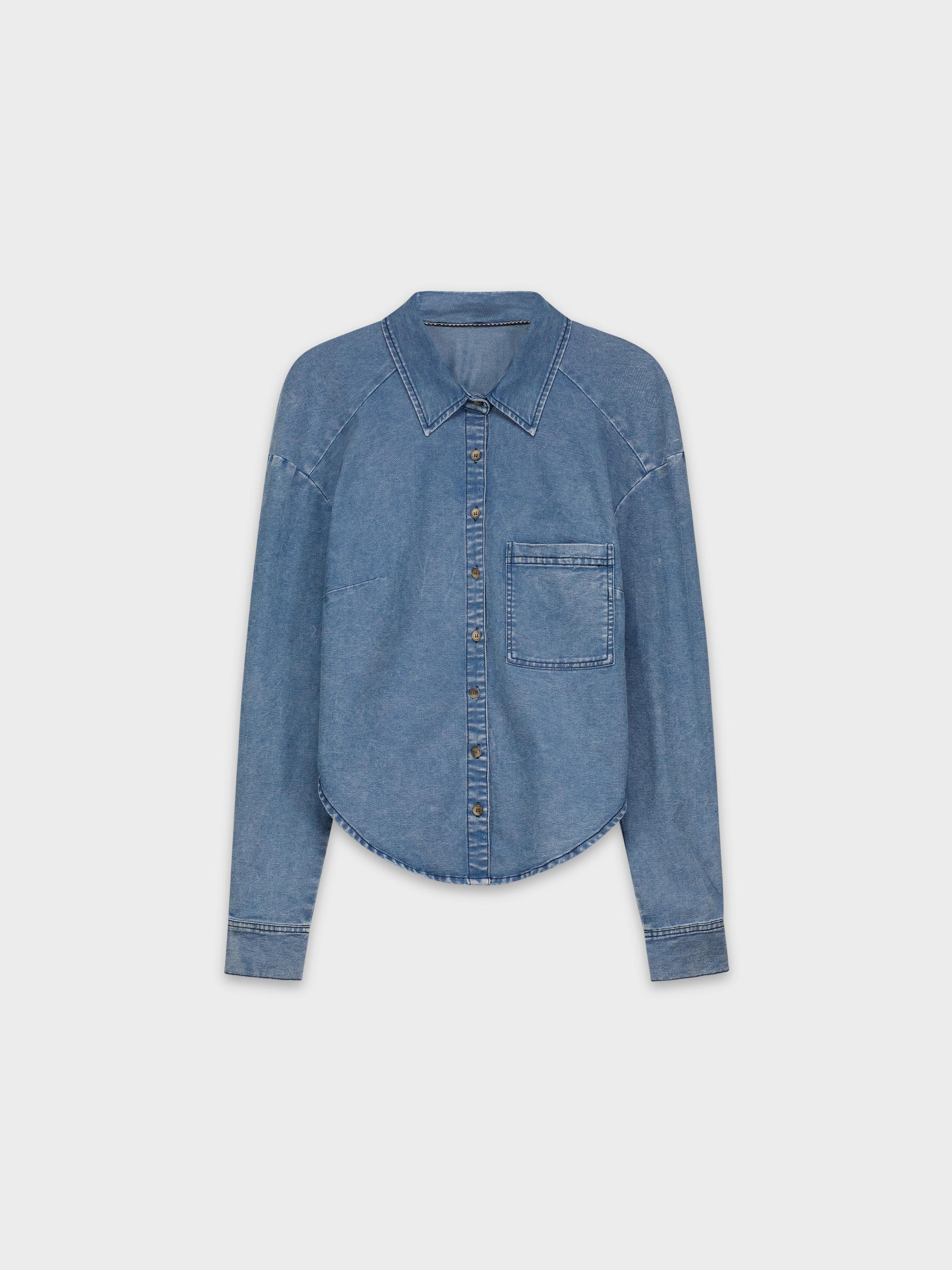 GATHERED BACK DENIM SHIRT-BLUE