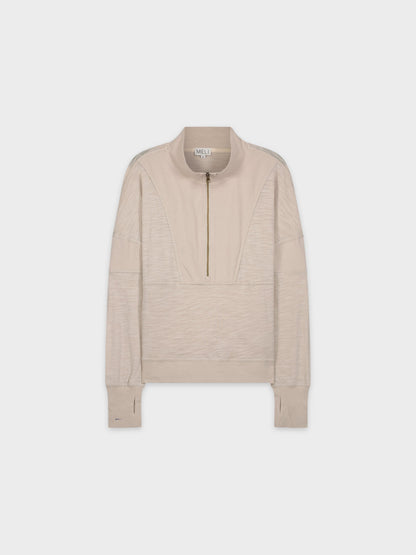 MIXED KNIT HALF ZIP-TAN