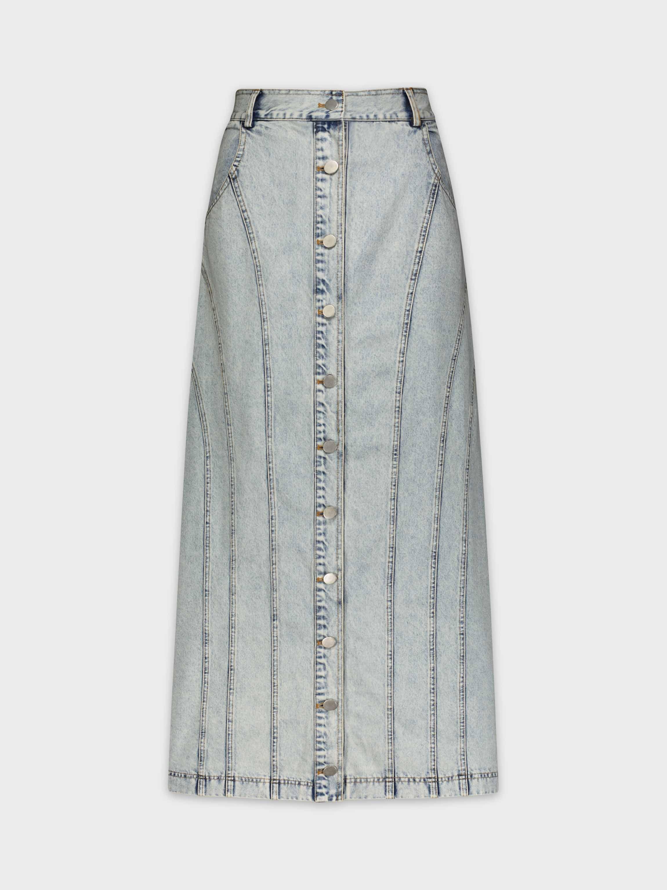 BUTTON DOWN SEAMED DENIM SKIRT-STONE WASH