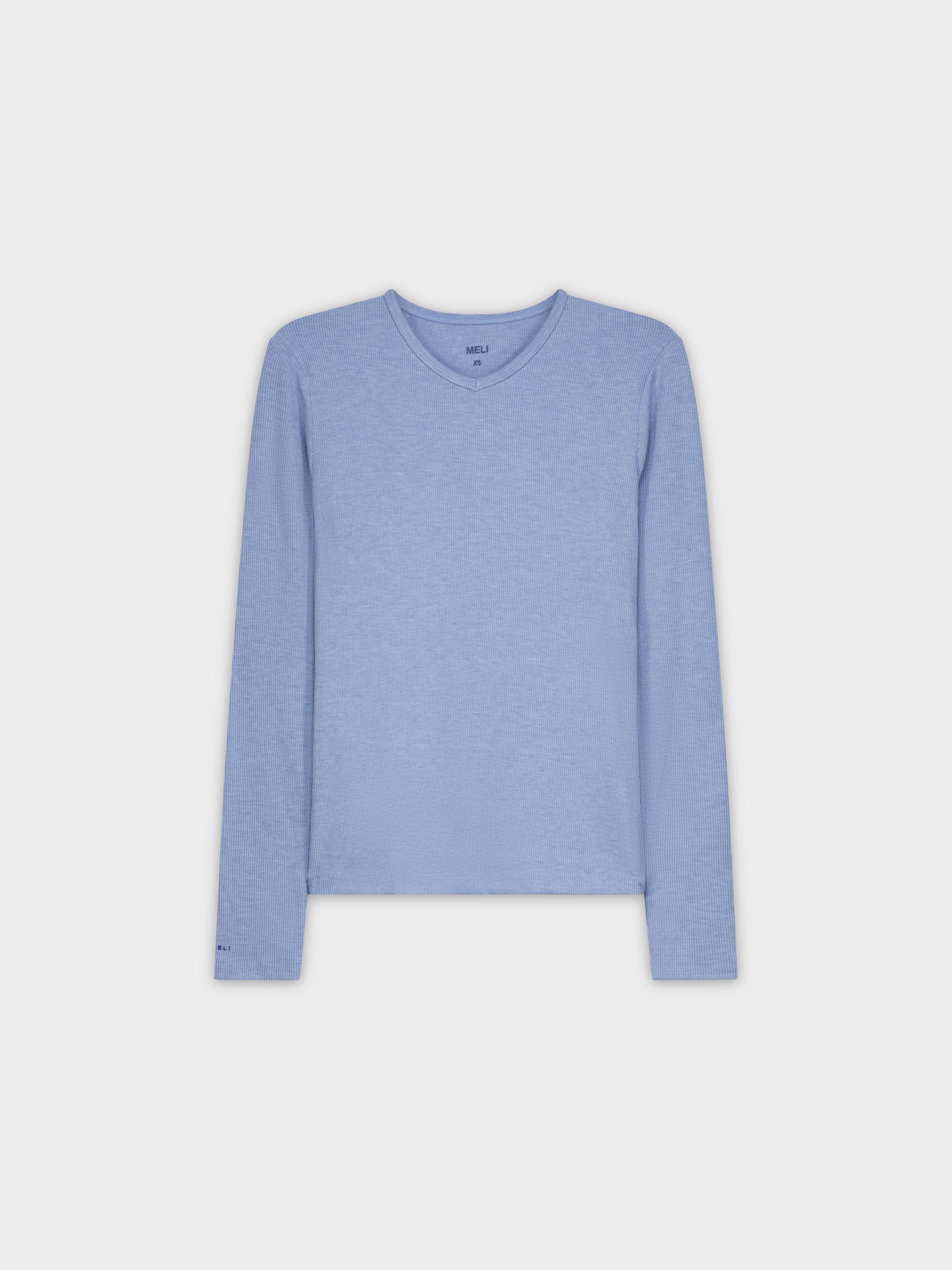 RIBBED HIGH V LS-HEATHER BLUE