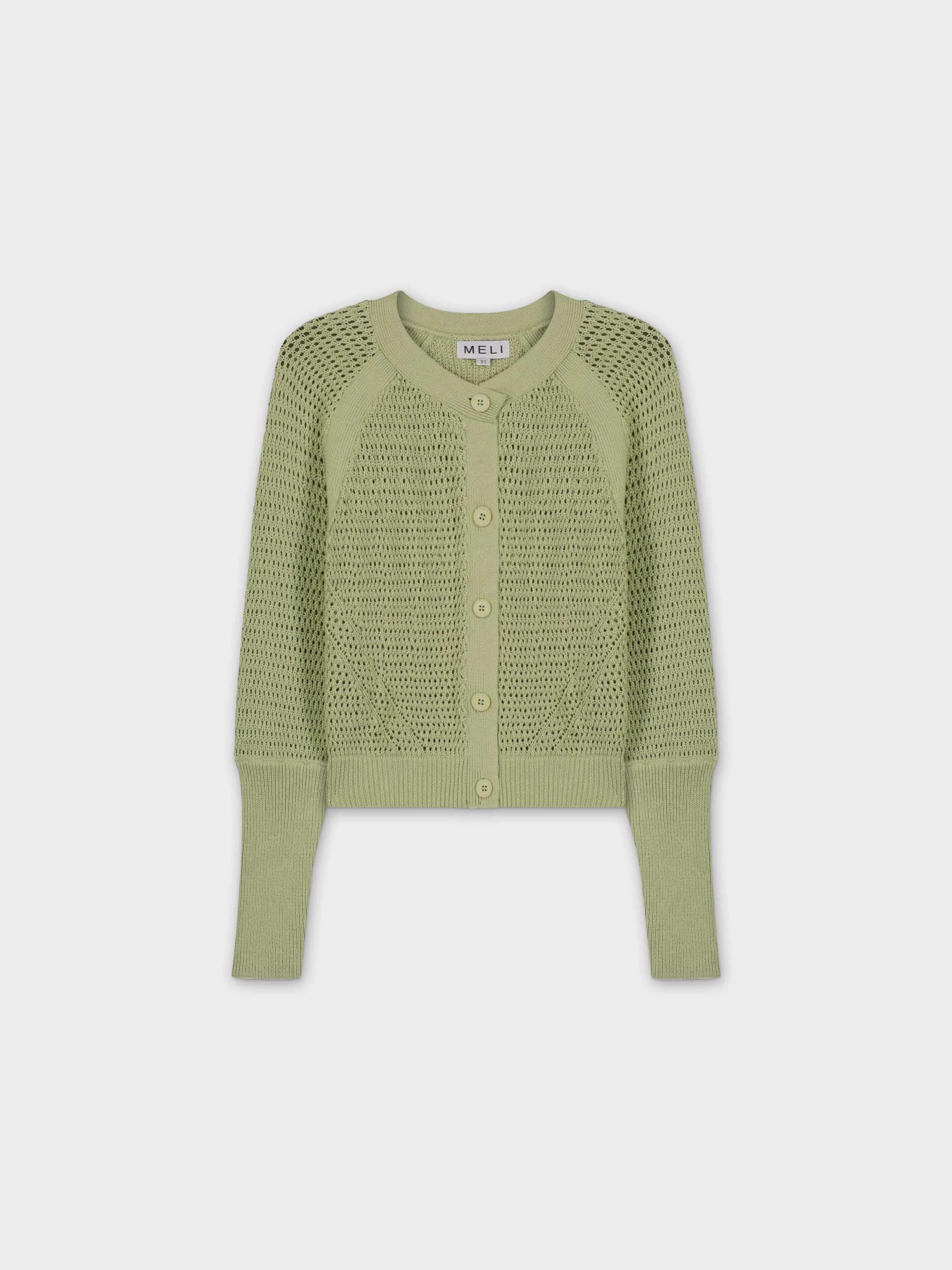 CROCHET CREW CARDIGAN-SAGE GREEN