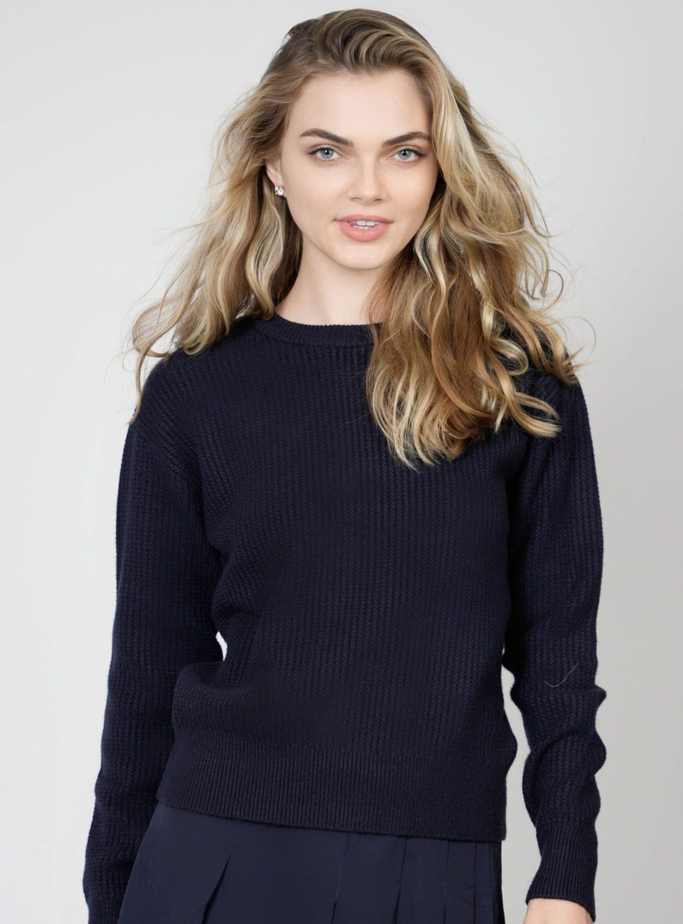 SOLID WAFFLE KNIT TOP-NAVY