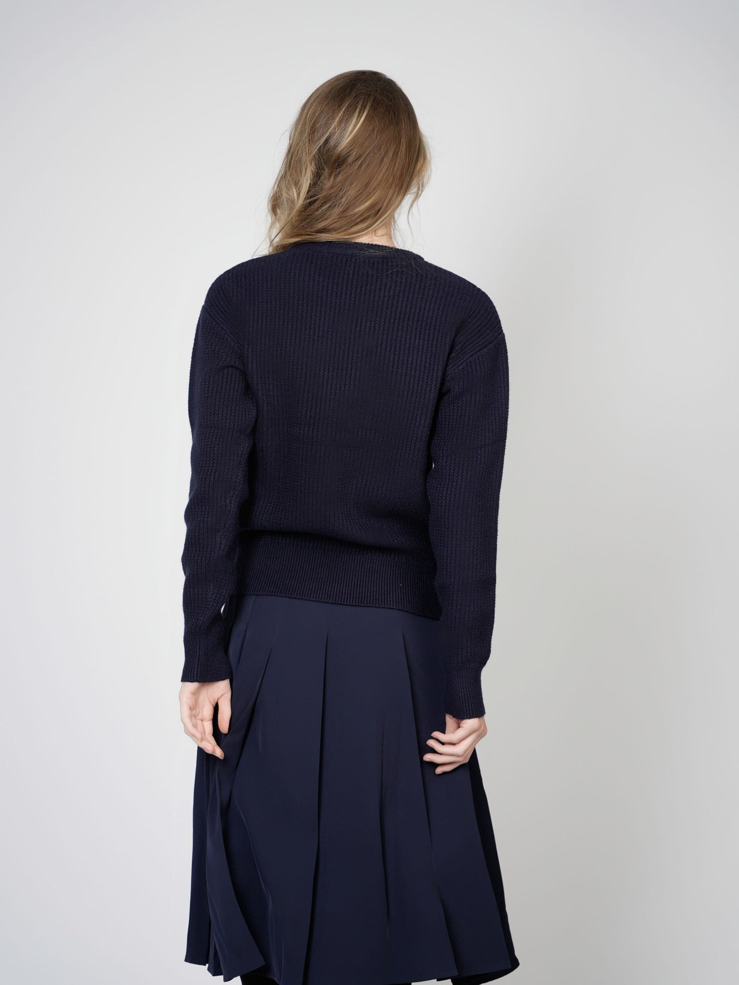 SOLID WAFFLE KNIT TOP-NAVY