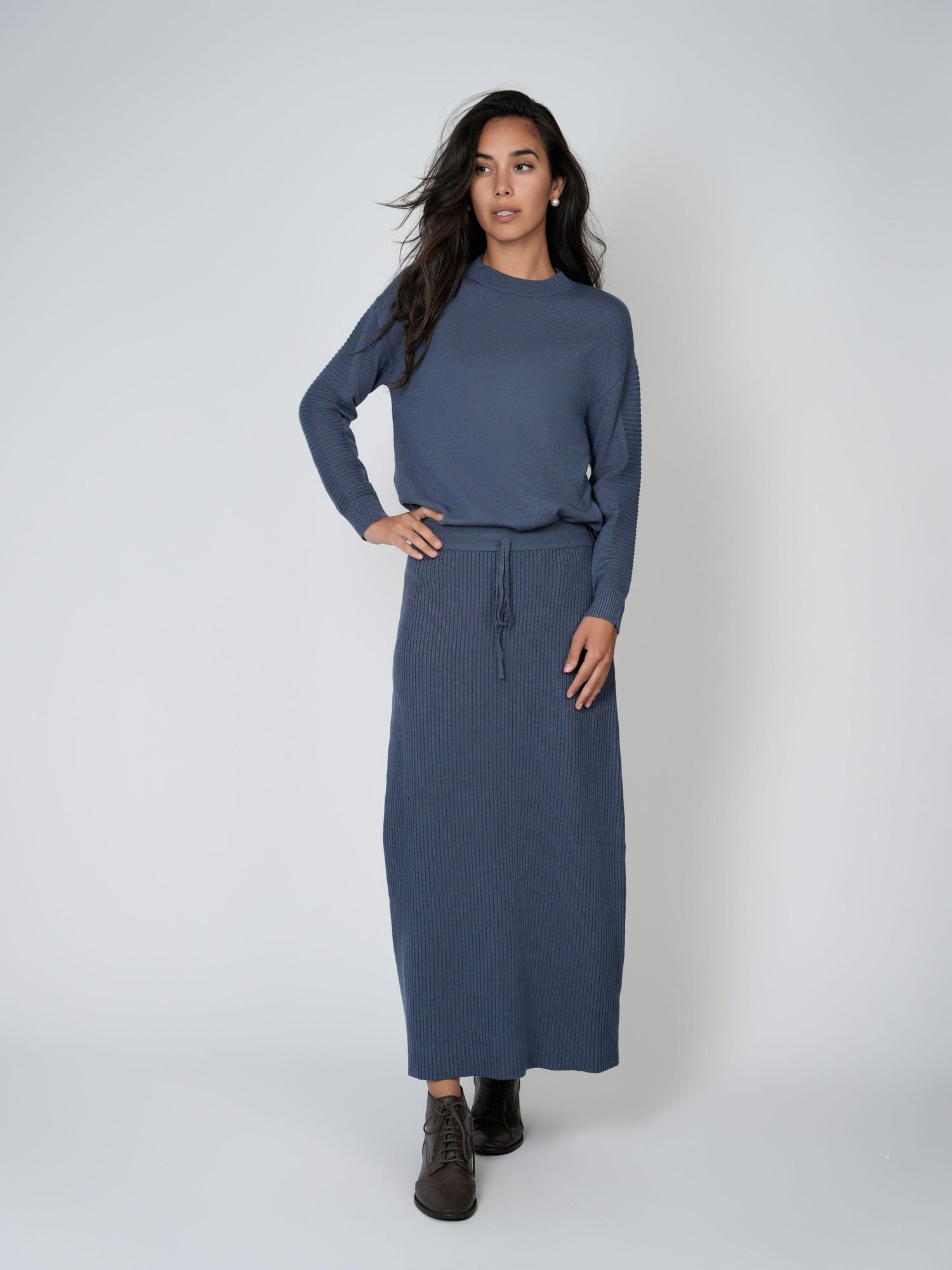 DRAWSTRING KNIT SKIRT-HEATHER BLUE