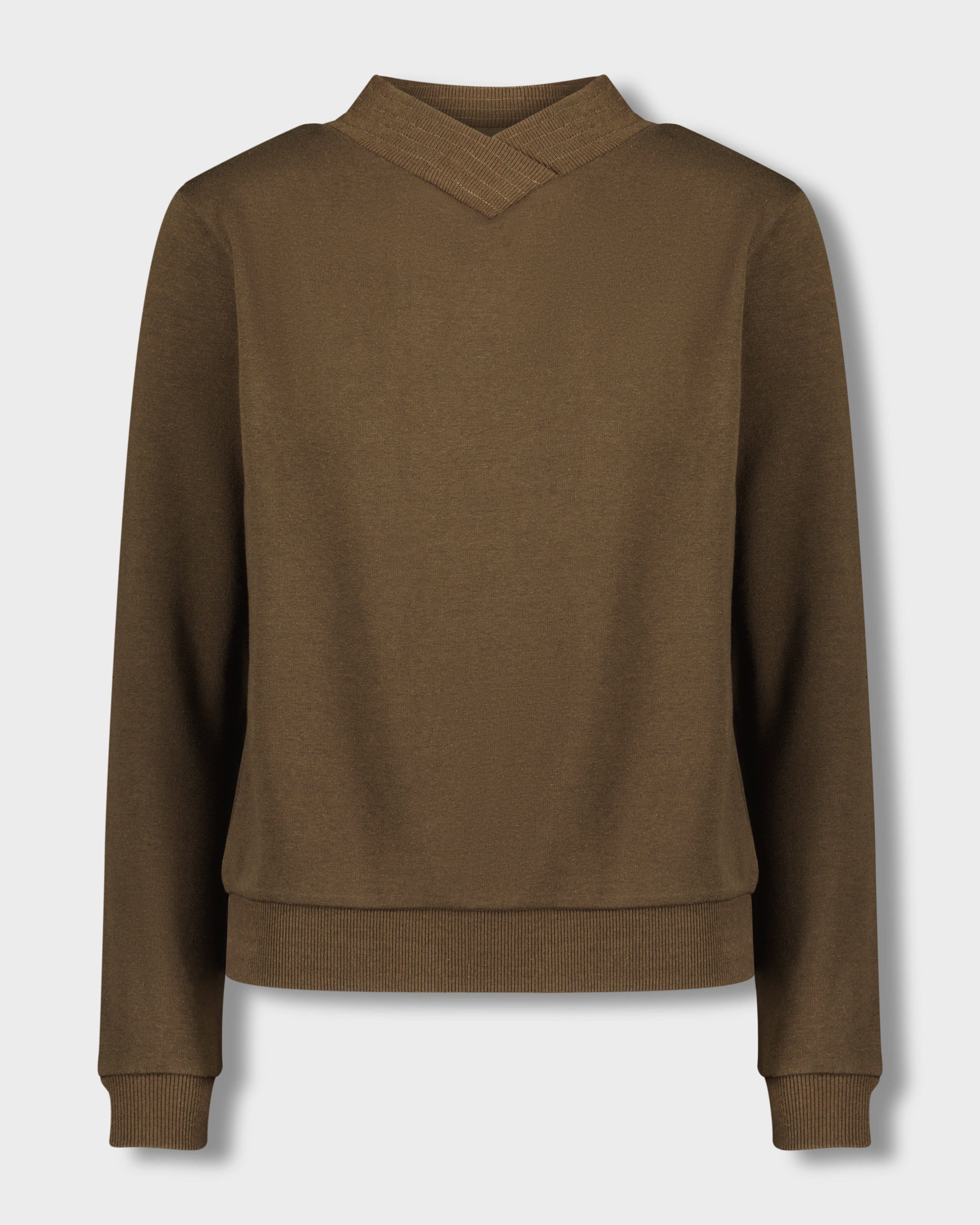 RIBBED V COLLAR SWEATSHIRT-OLIVE