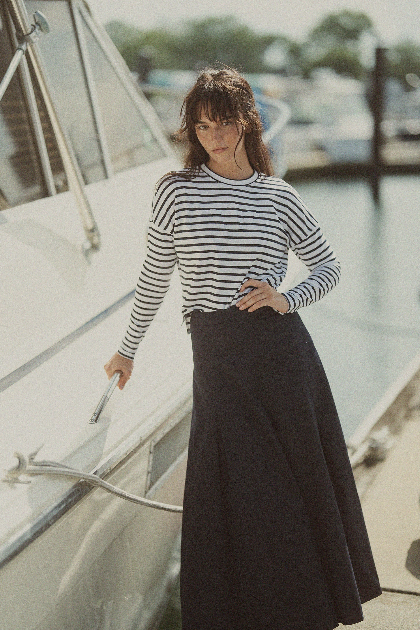 Stitch Down Cotton Pleated Skirt-Navy