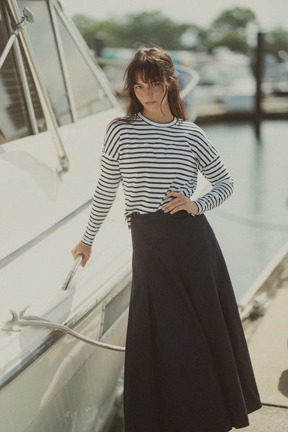 Stitch Down Cotton Pleated Skirt-Navy