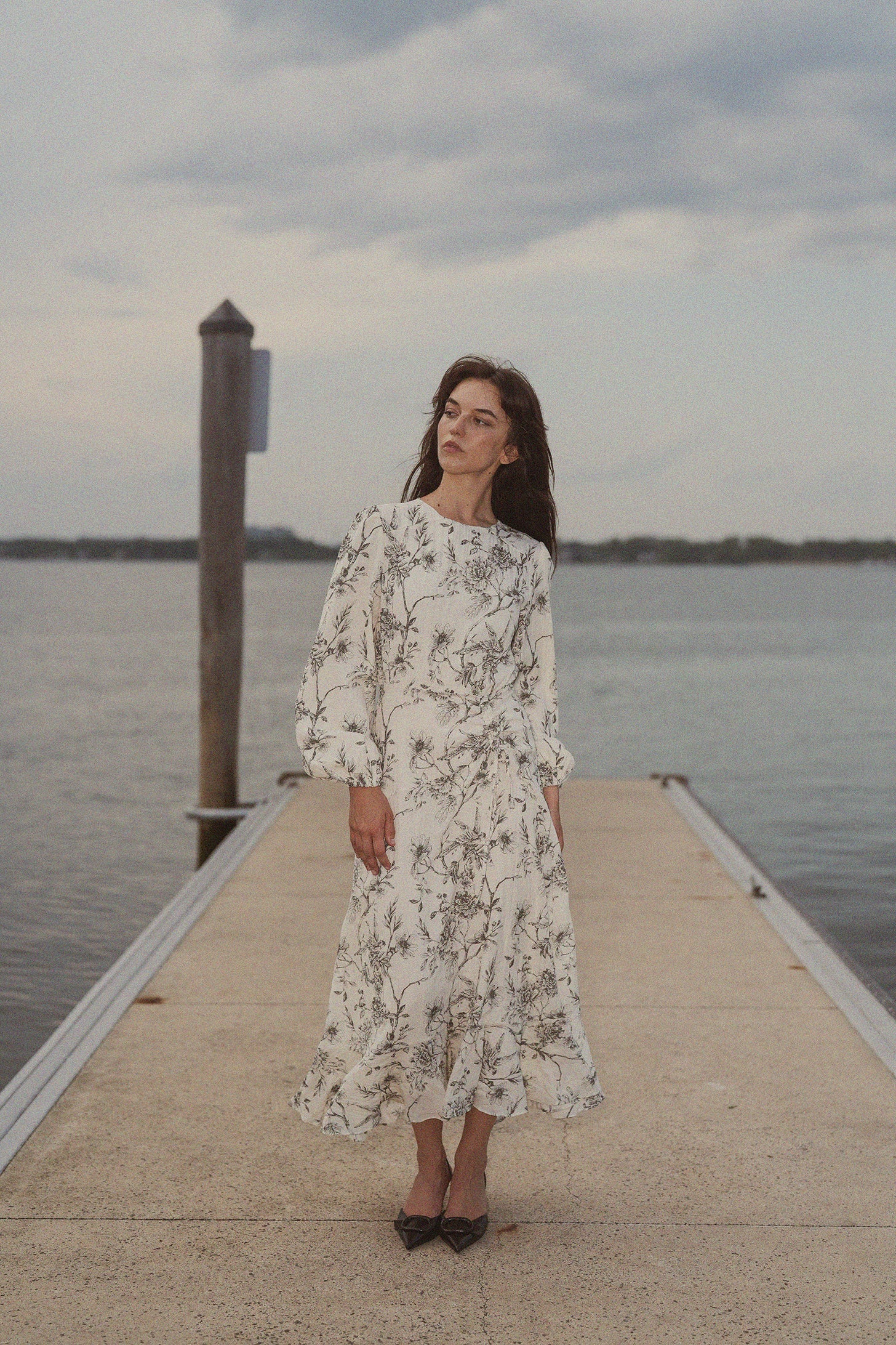 Asymmetrical Yoke Dress-Floral Branch