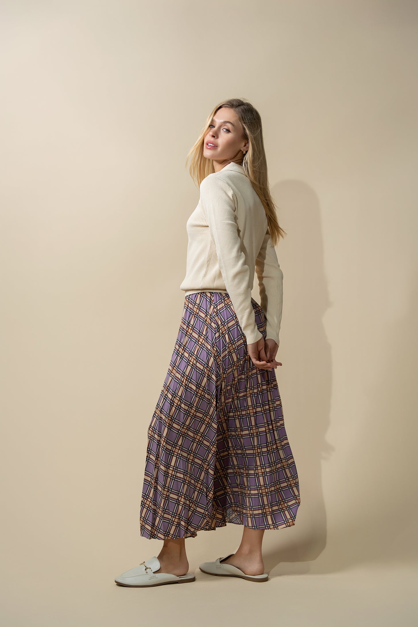Covered Band Pleated Skirt-Lavender Plaid