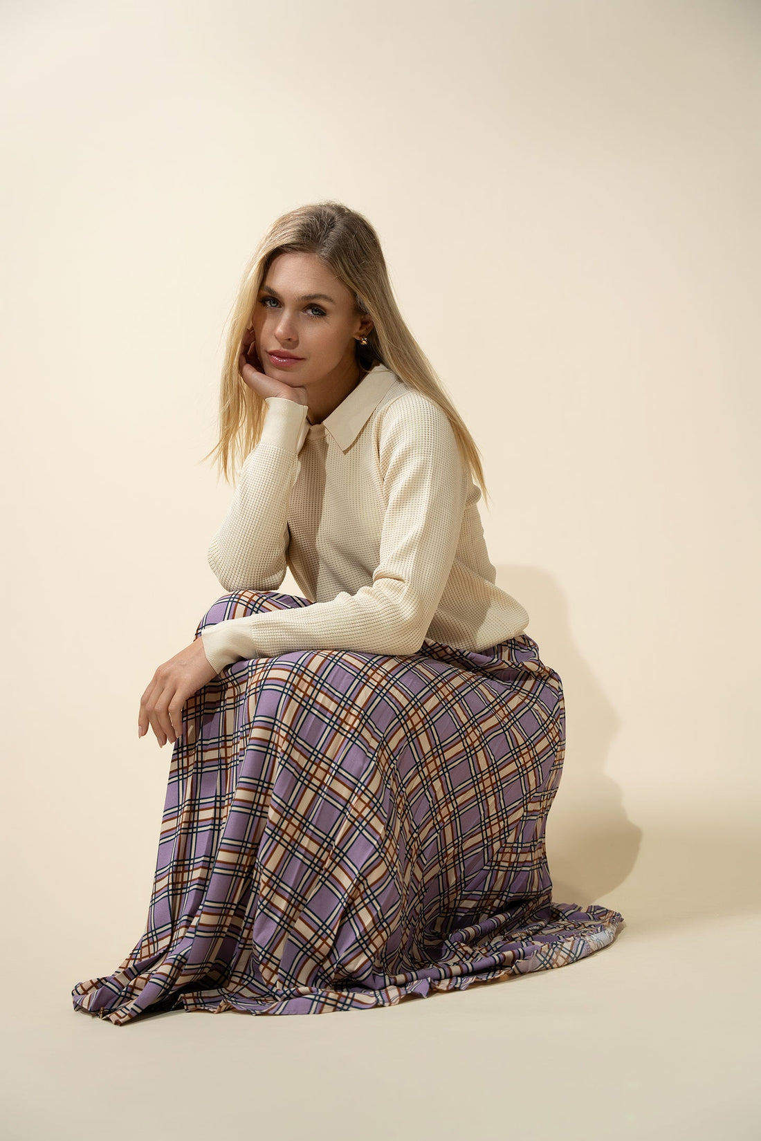 Covered Band Pleated Skirt-Lavender Plaid