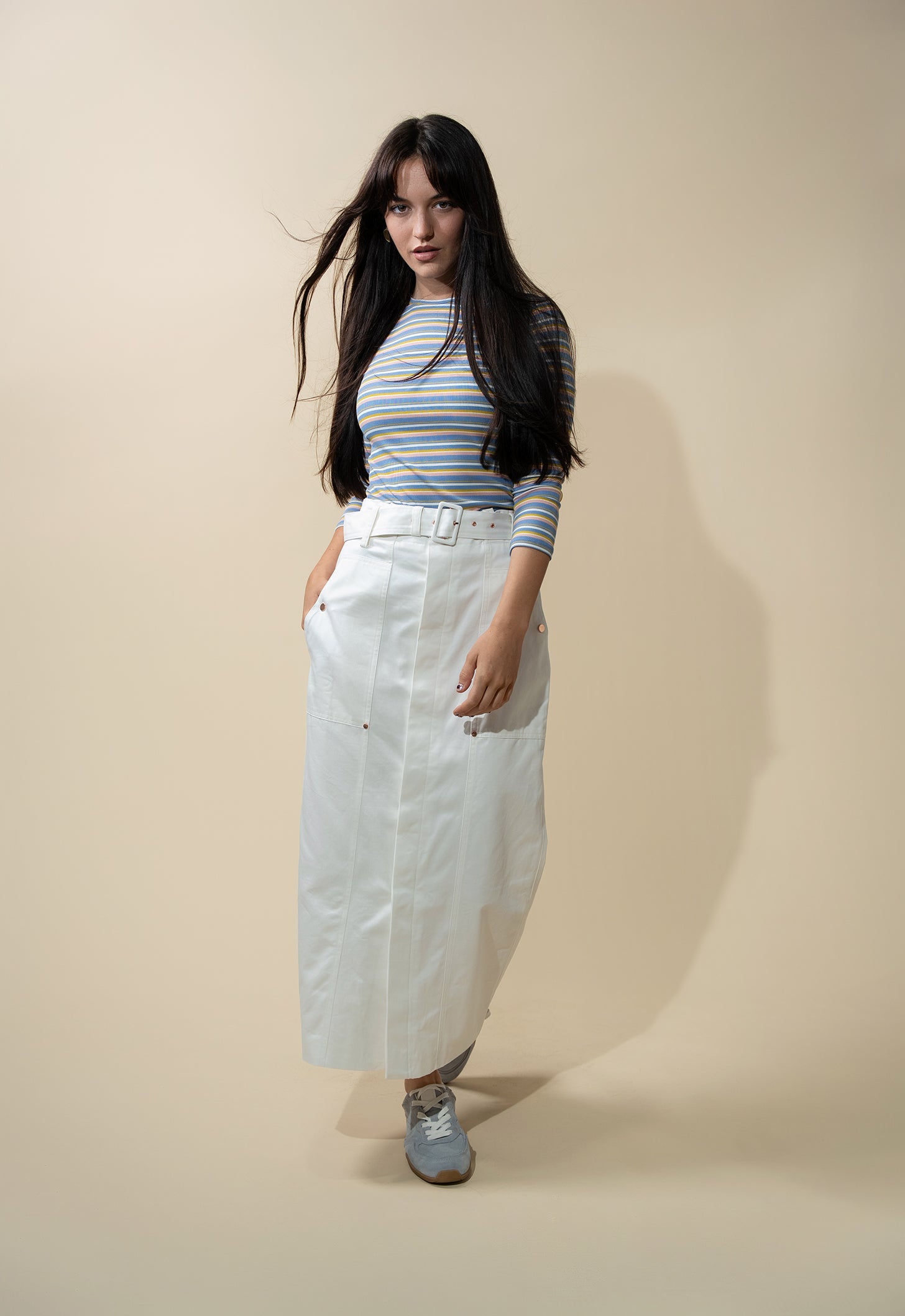 Ribbed Striped Crew 3/4 Sleeve-Light Blue/Pink