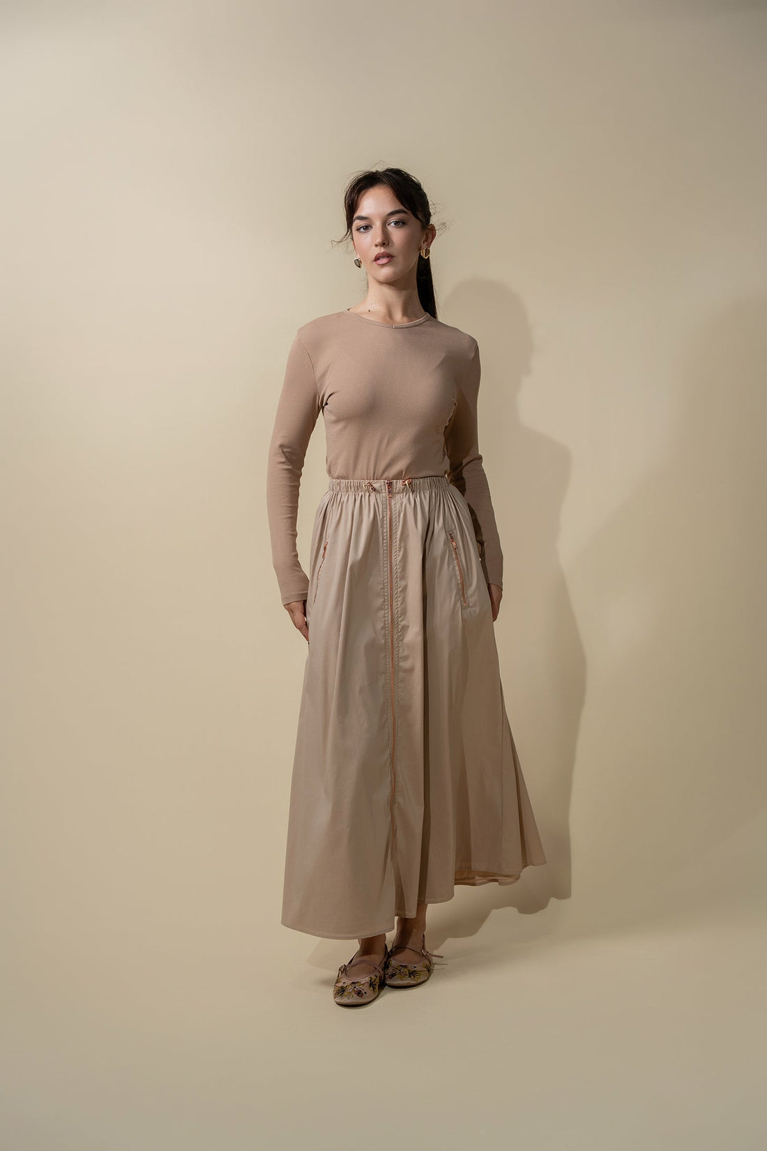 Front Zipper Cotton Circle Skirt-Tan