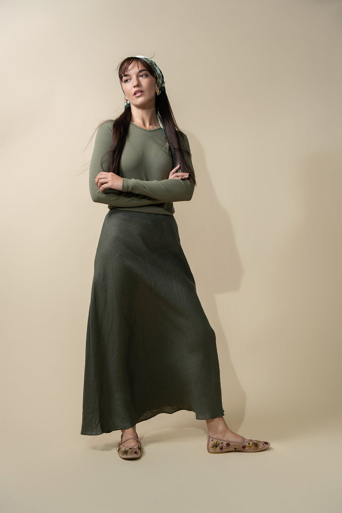 RIBBED HIGH V TEE LS-CAMOUFLAGE GREEN