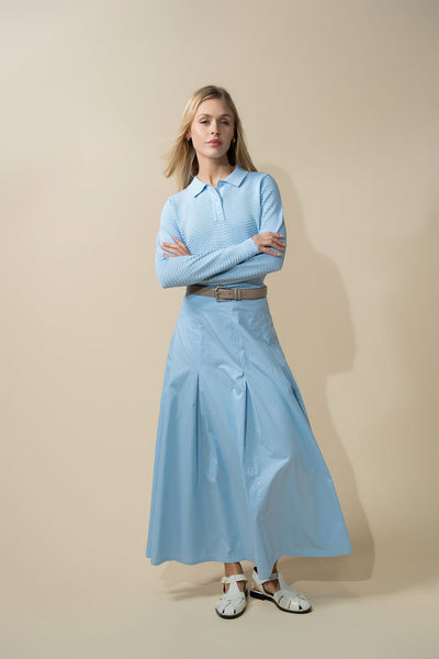 Stitch Down Cotton Pleated Skirt-Light Blue