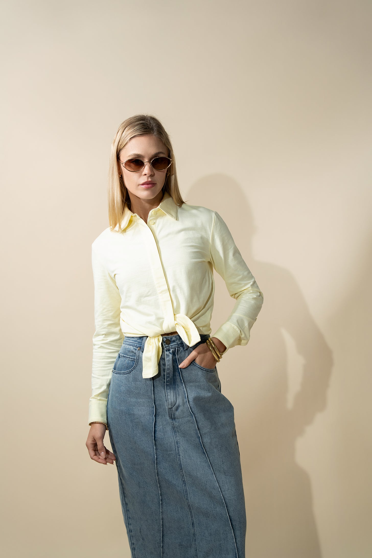 Button Down T-Shirt Blouse-Yellow