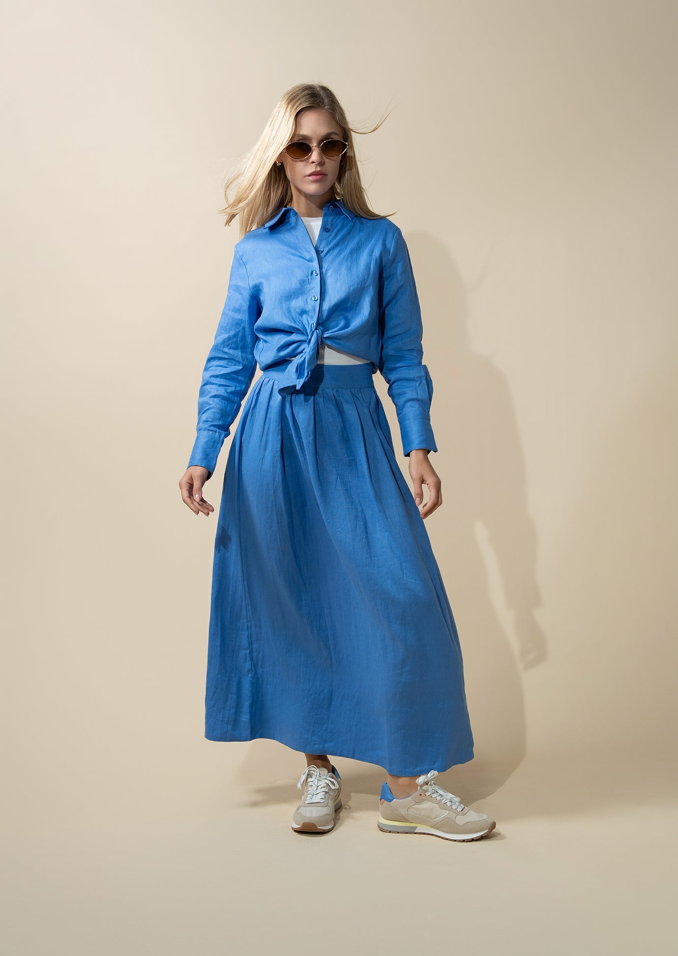 Linen Button Down Blouse-Ocean Blue