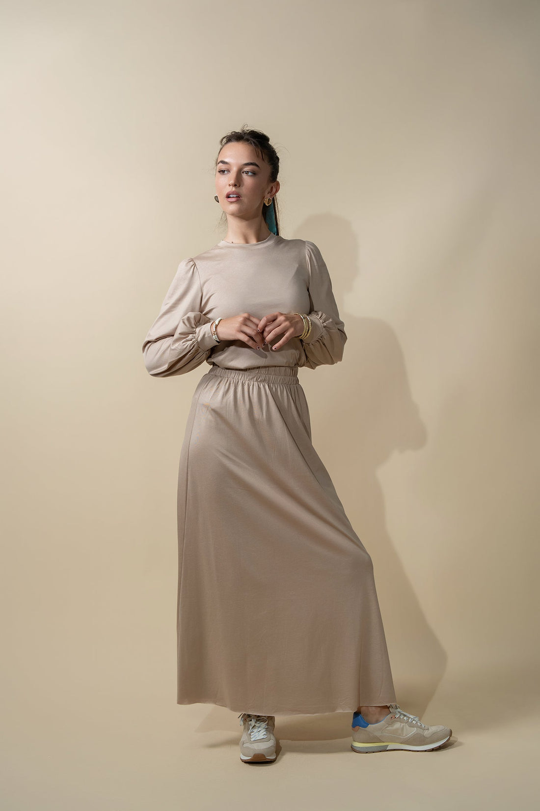 Elastic Waist T-Shirt Skirt-Taupe