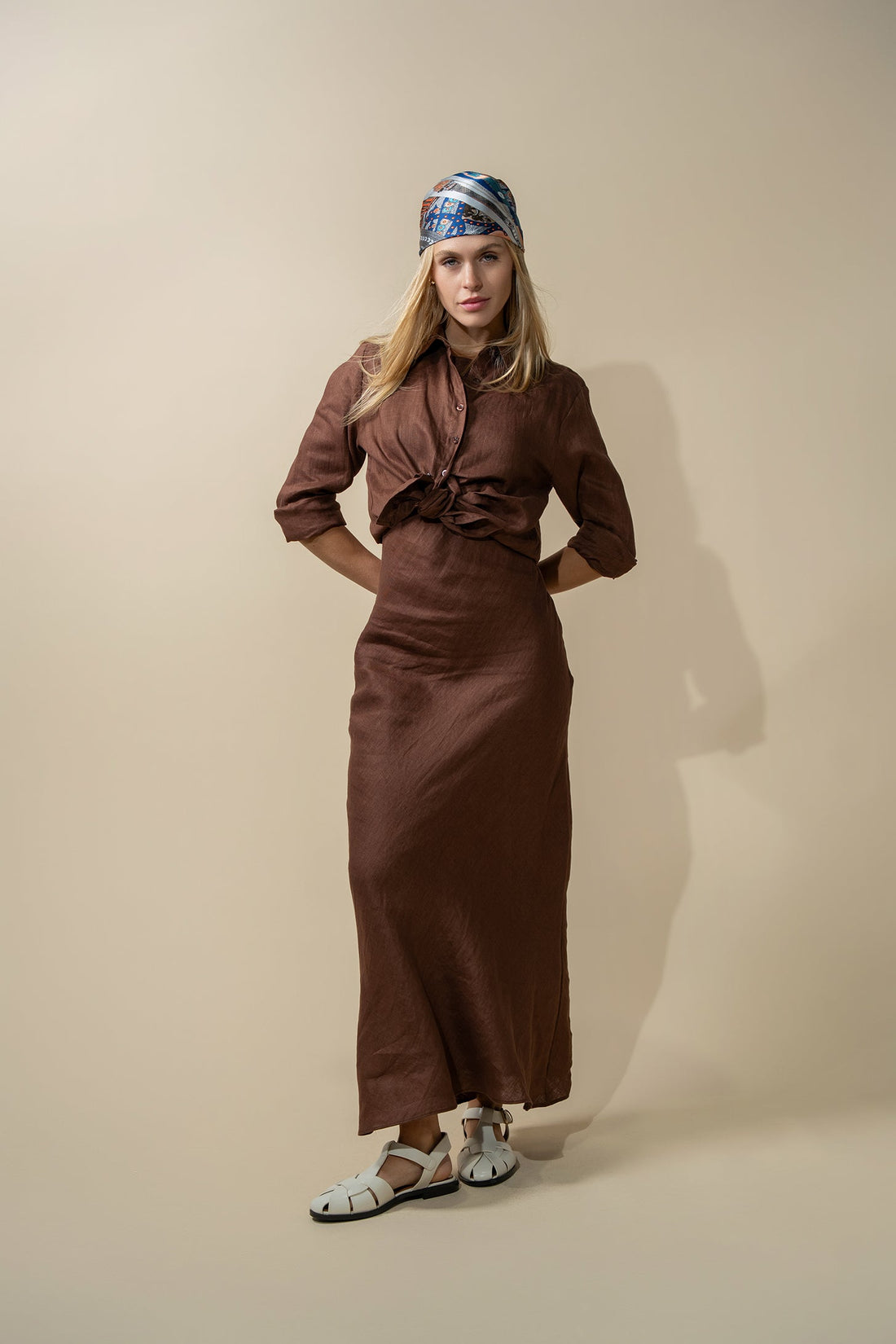 Linen Button Down Blouse-Brown