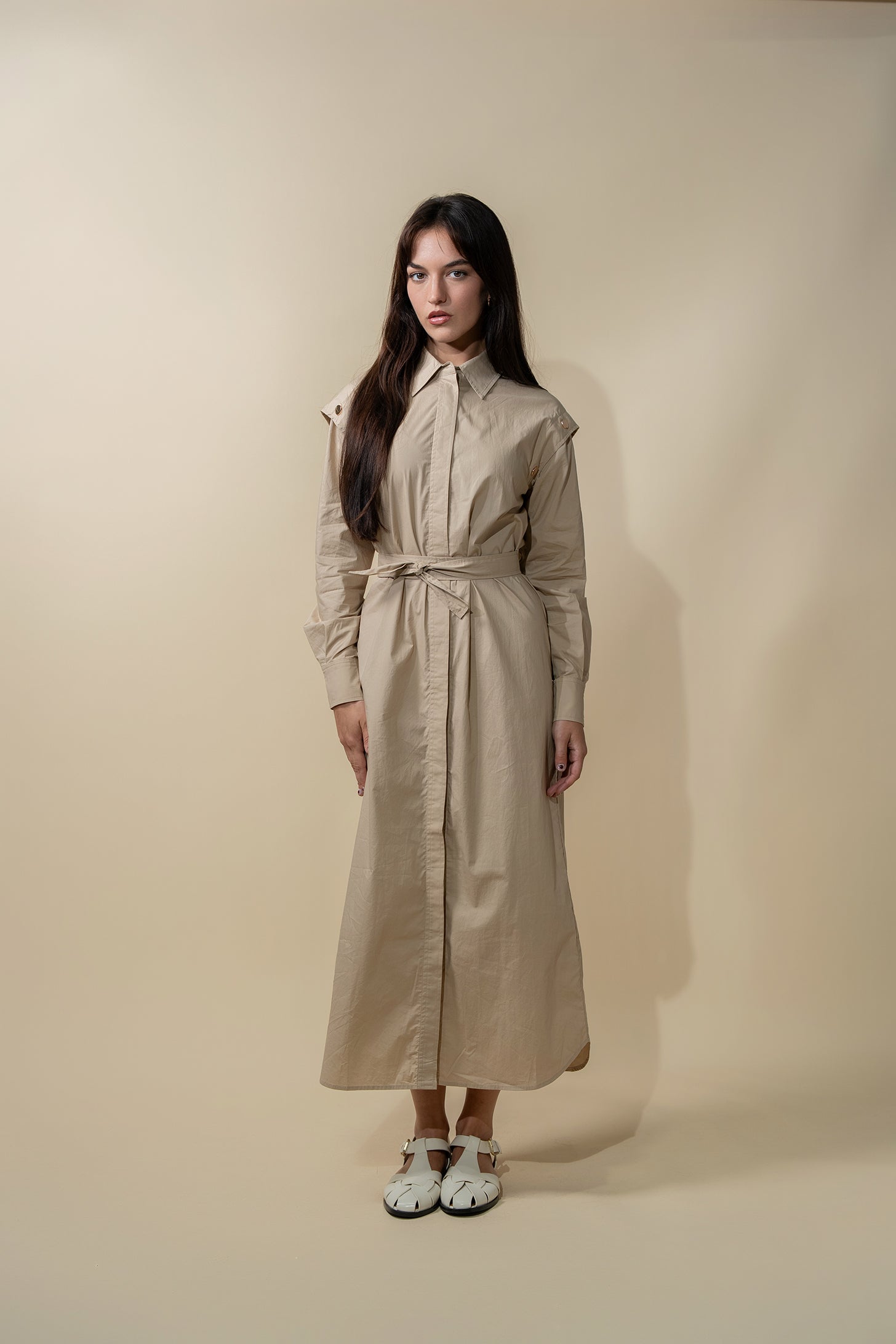 Button Overlay Shirtdress-Tan