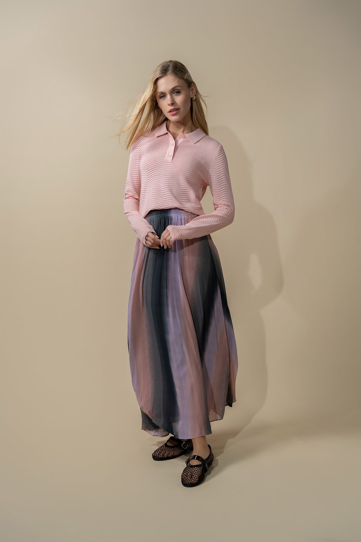 Covered Band Pleated Skirt-Pink Ombre