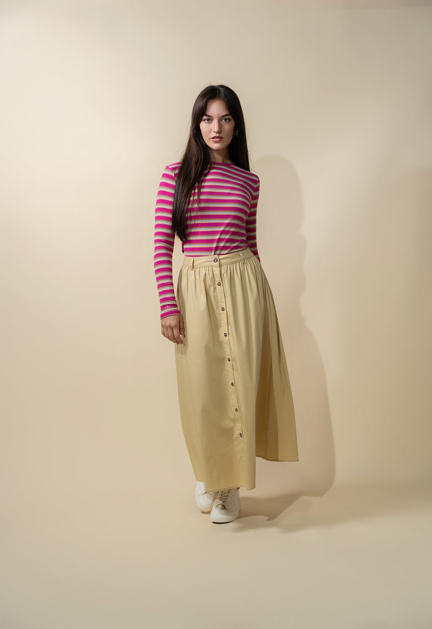 Button Down Cotton Blend Skirt-Tan