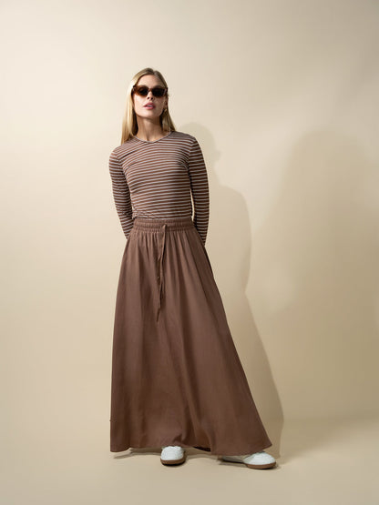 Flat Striped High V Long Sleeve-Brown/White