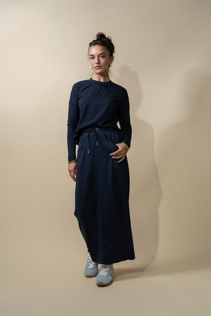 Drawstring Pocket T-Shirt Skirt-Navy