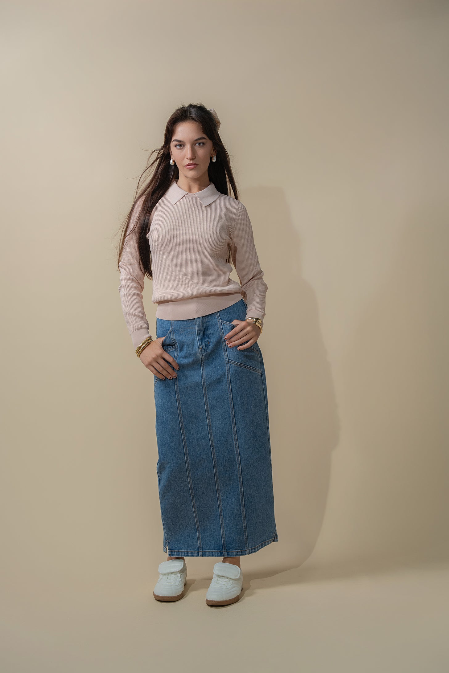 Waffle Collared Sweater-Blush