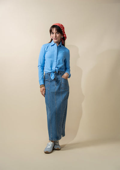 Button Down T-Shirt Blouse-Sky Blue