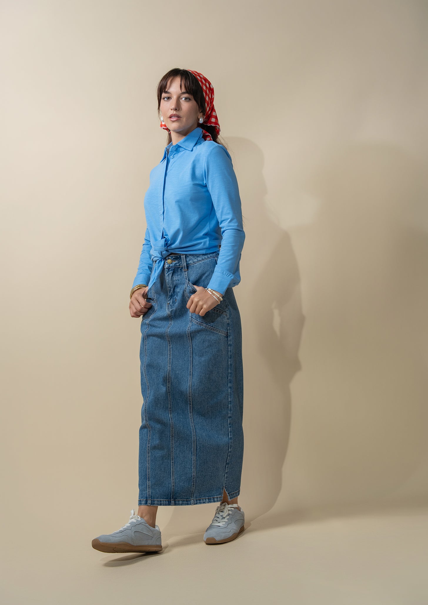 Button Down T-Shirt Blouse-Sky Blue