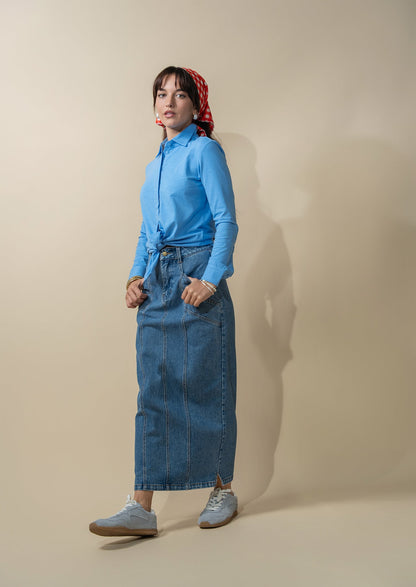 Button Down T-Shirt Blouse-Sky Blue