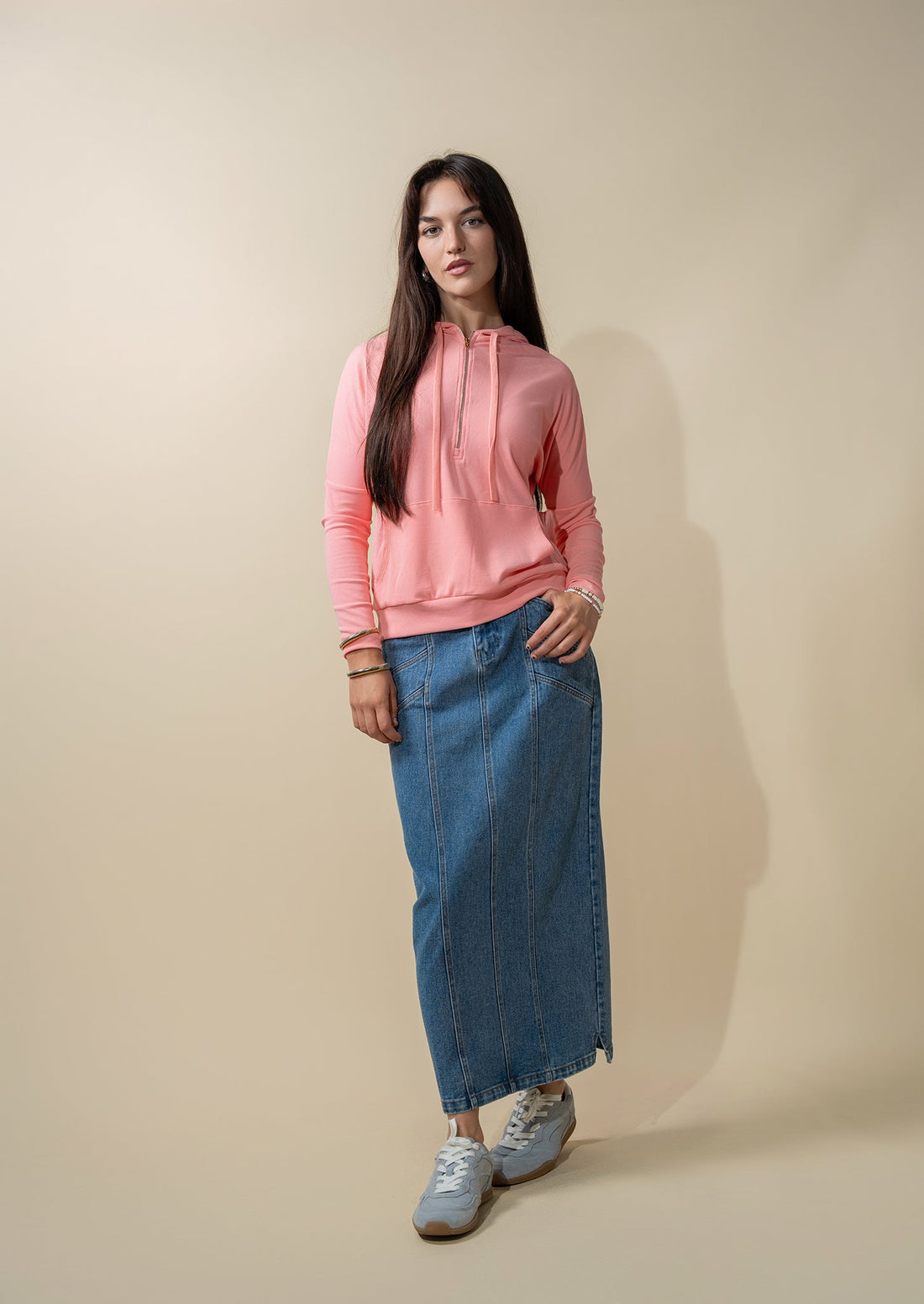 Ribbed Half Zip Hoodie Tee-Coral Pink