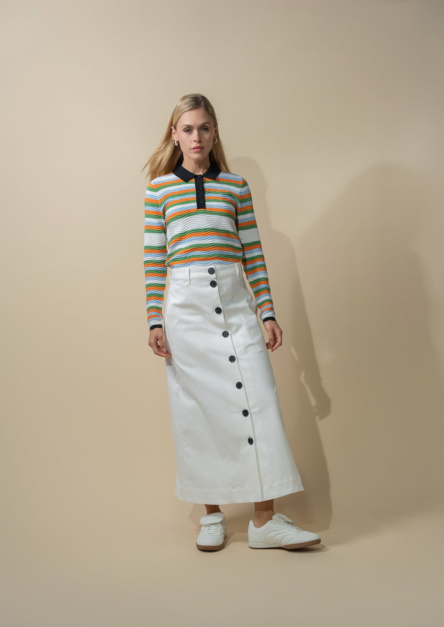 Scallop Edge Collar Sweater-Blue/Orange Stripes