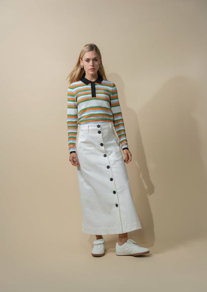 Scallop Edge Collar Sweater-Blue/Orange Stripes