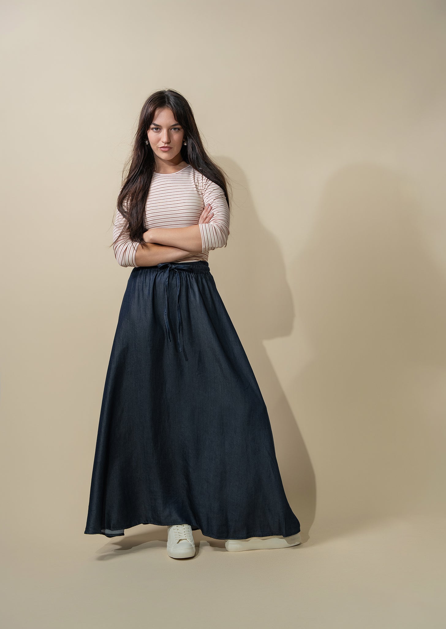 Ribbed Striped Crew 3/4 Sleeve-Pink/Raspberry