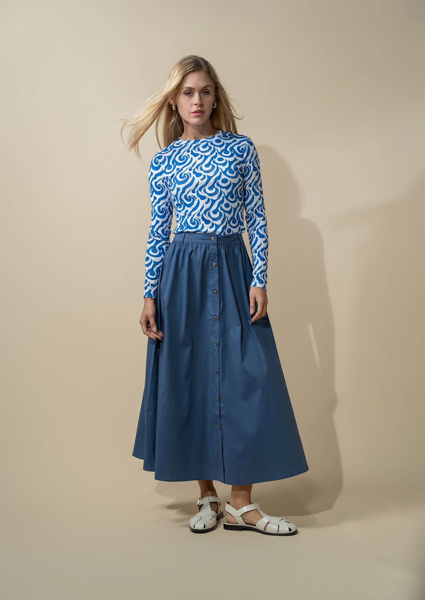 Button Down Cotton Blend Skirt-Denim Blue