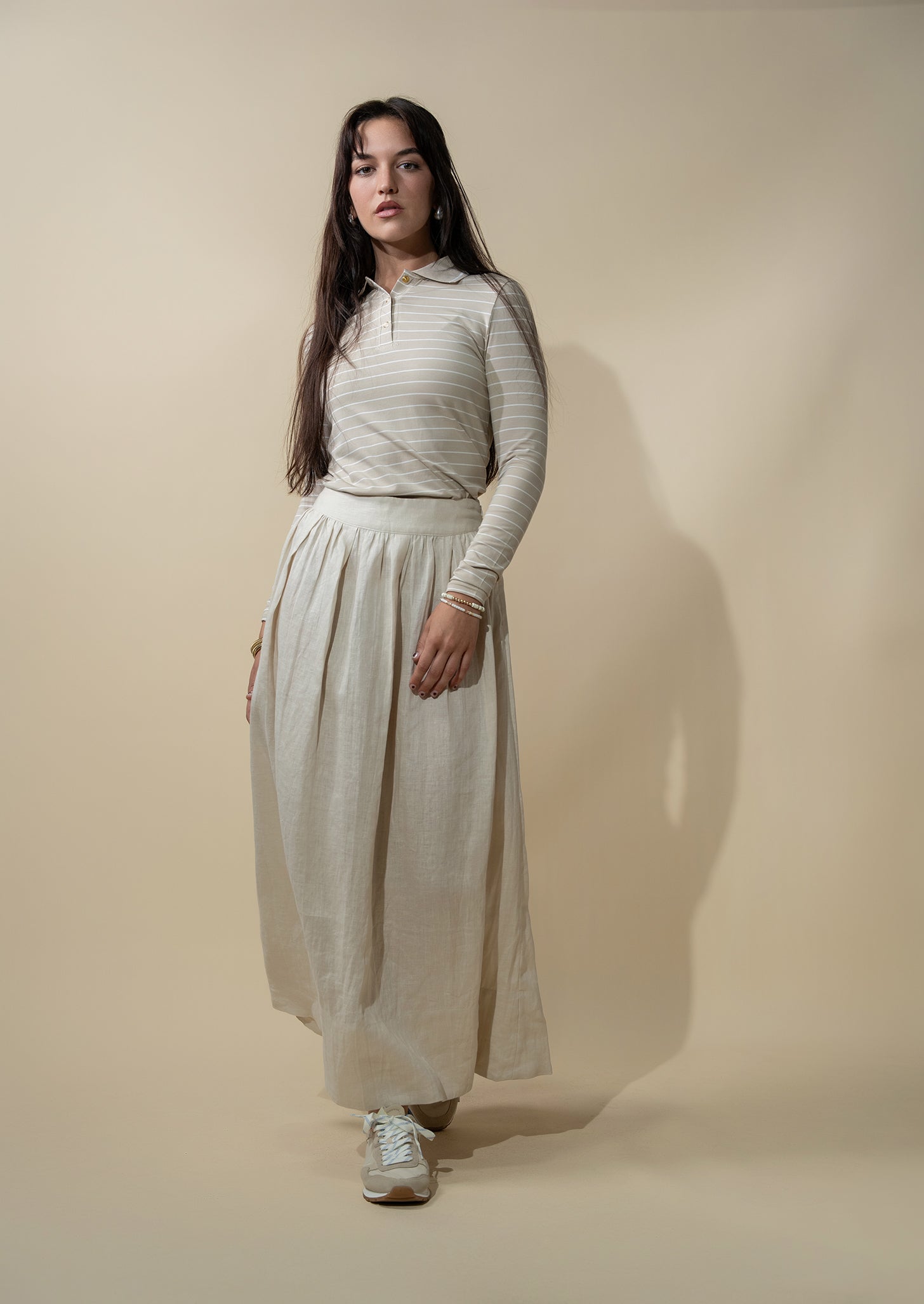 Gathered Waist Linen Skirt-Ecru