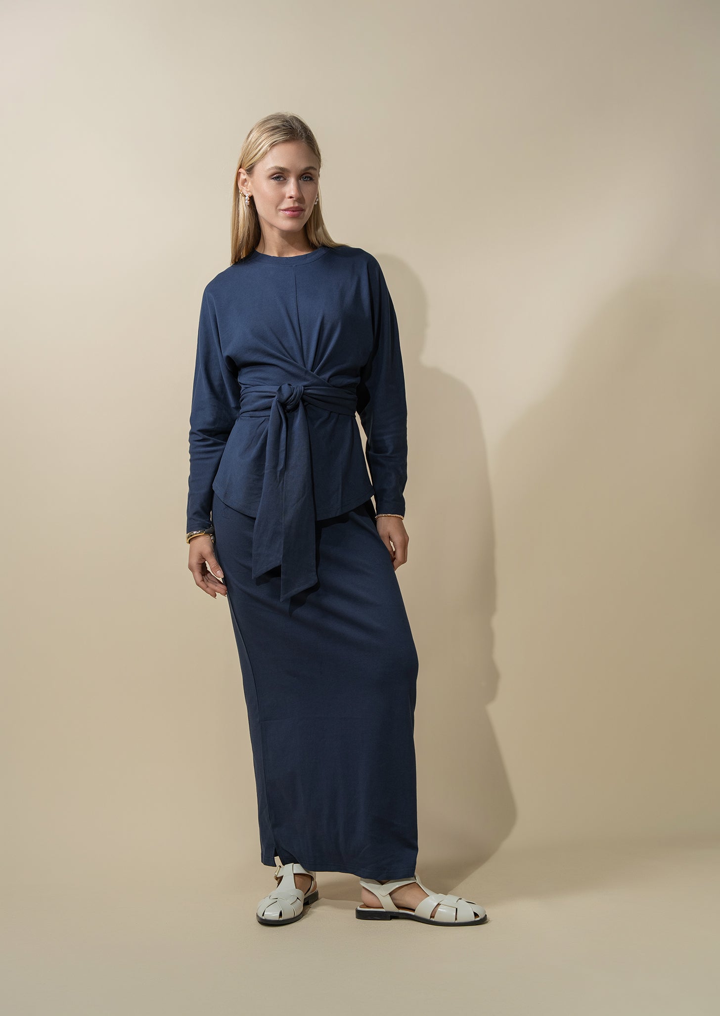 Straight Maxi Drawstring T-Shirt Skirt-Navy