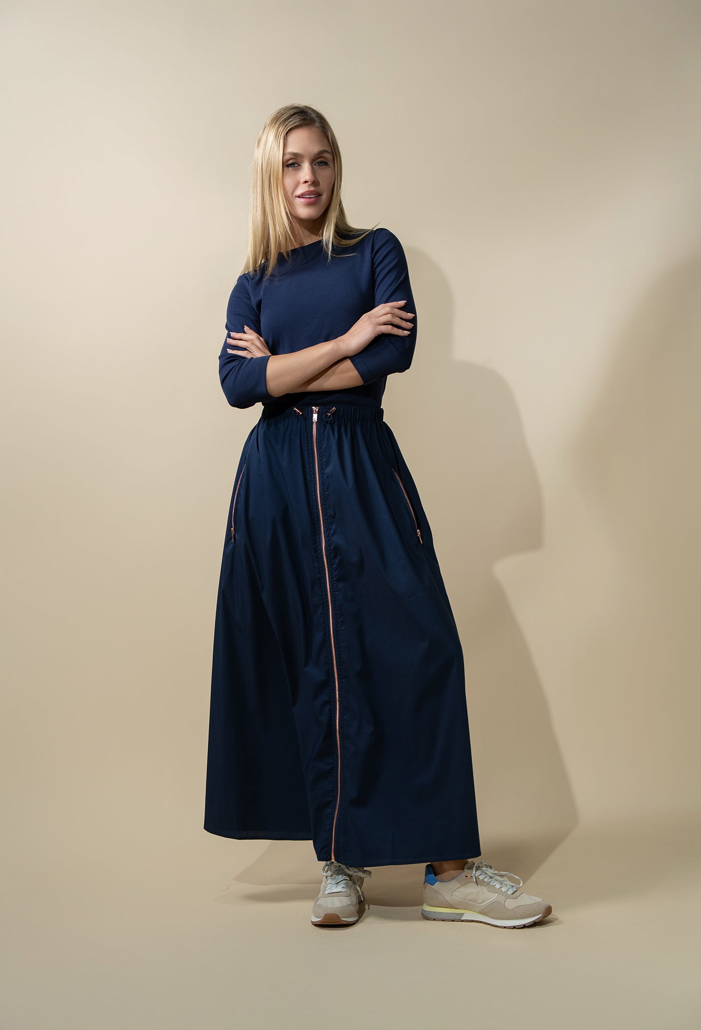 Front Zipper Cotton Circle Skirt-Navy