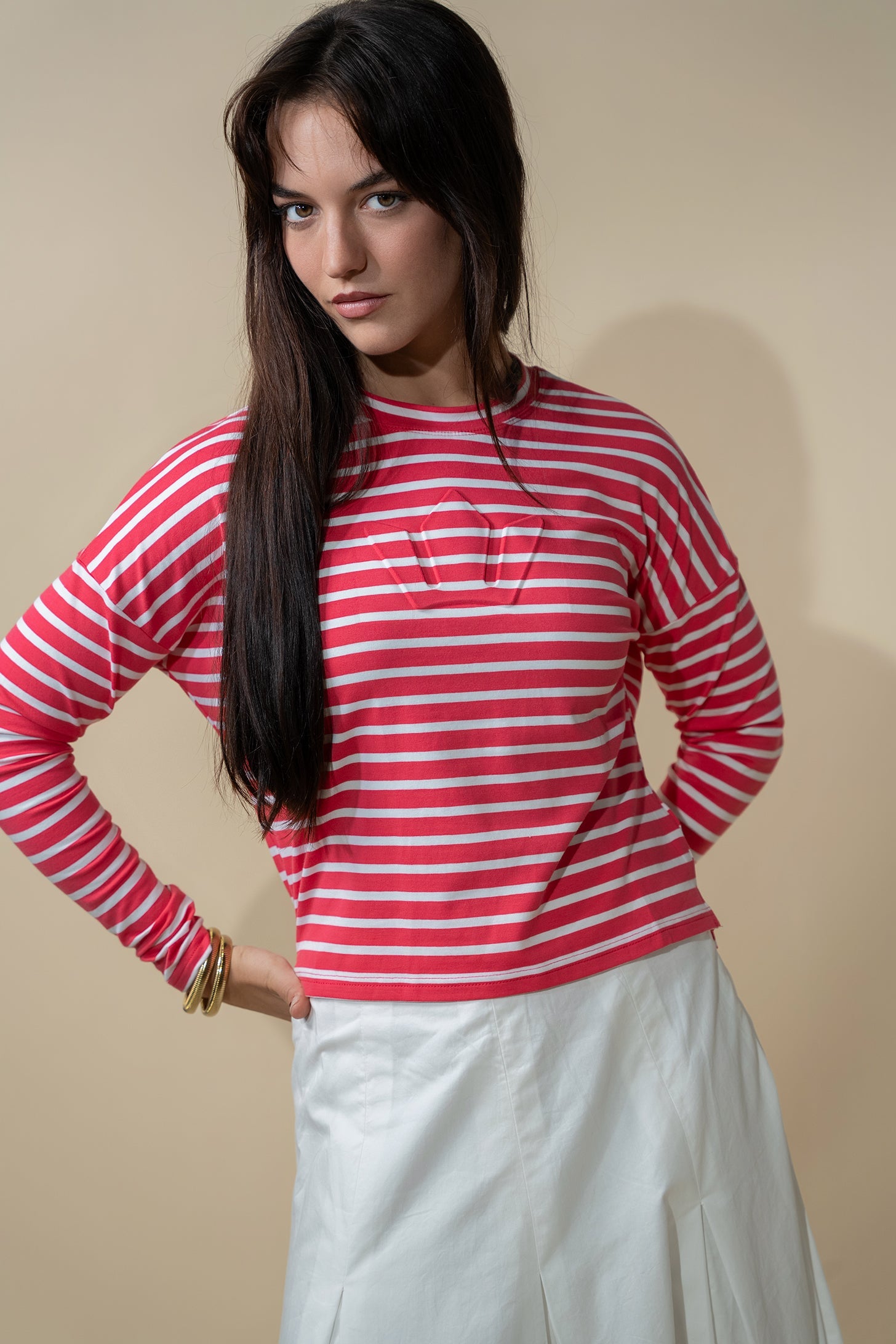 Crown Embossed T-Shirt-Coral/White