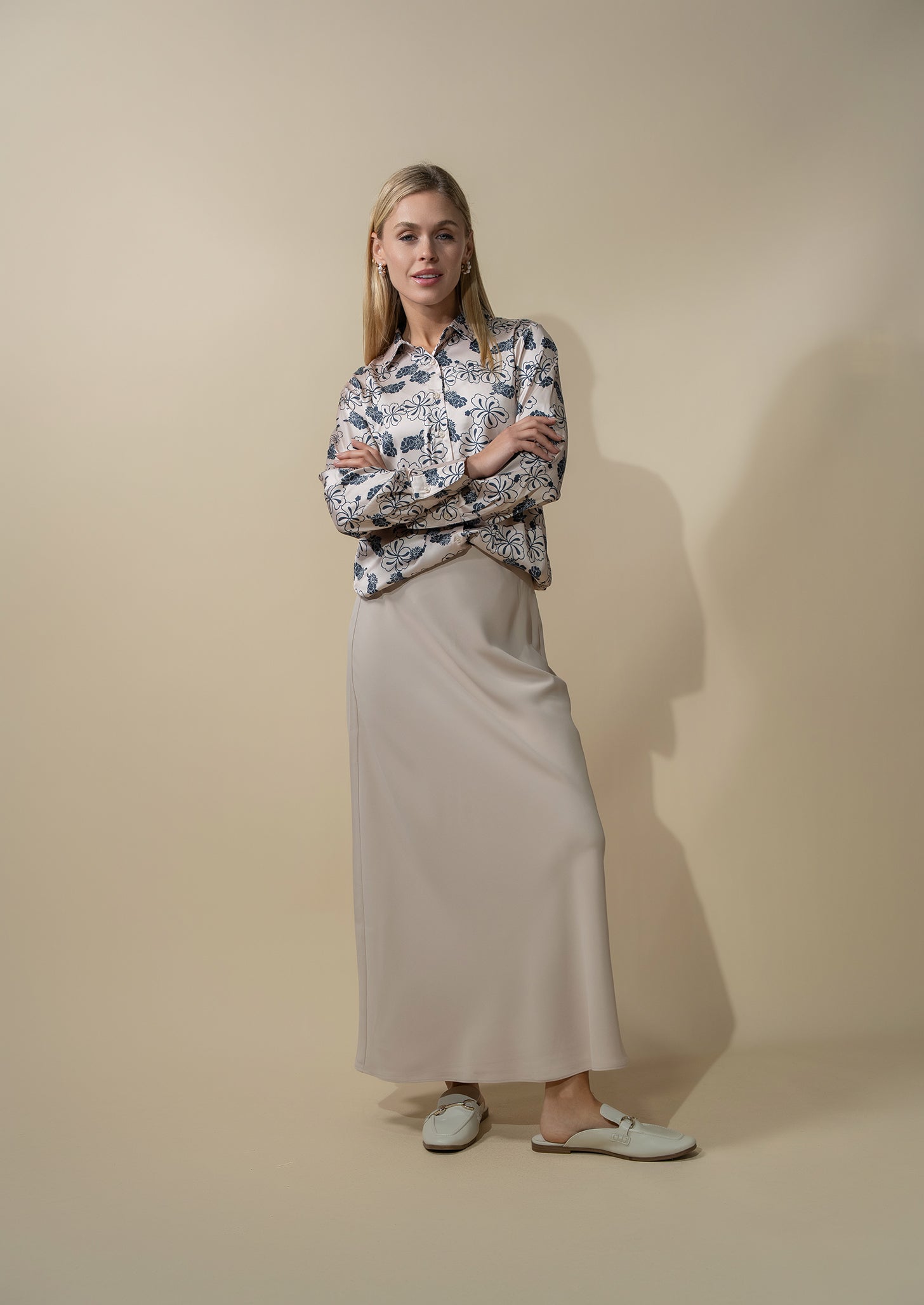 Oversized Faux Satin Blouse-Navy/Taupe Floral