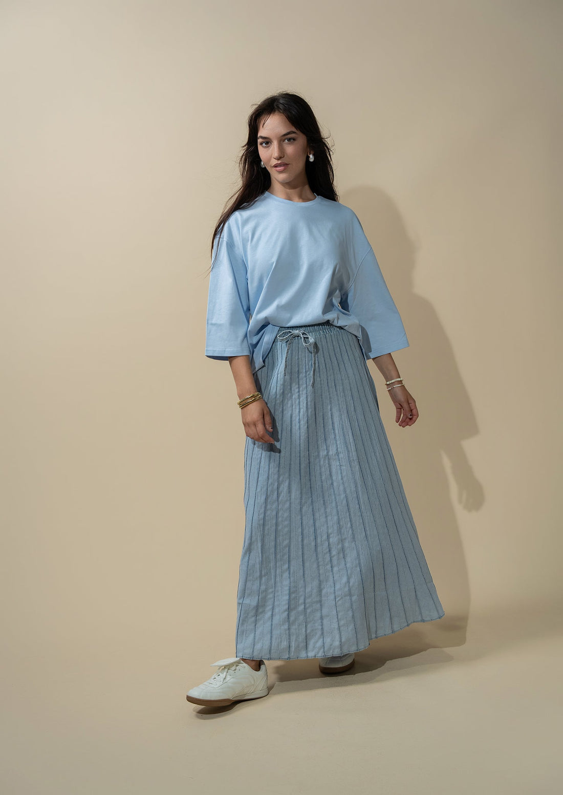 Stitched Micro Pleat Denim Skirt-Light Blue