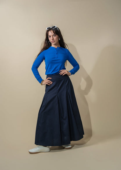 Stitch Down Cotton Pleated Skirt-Navy