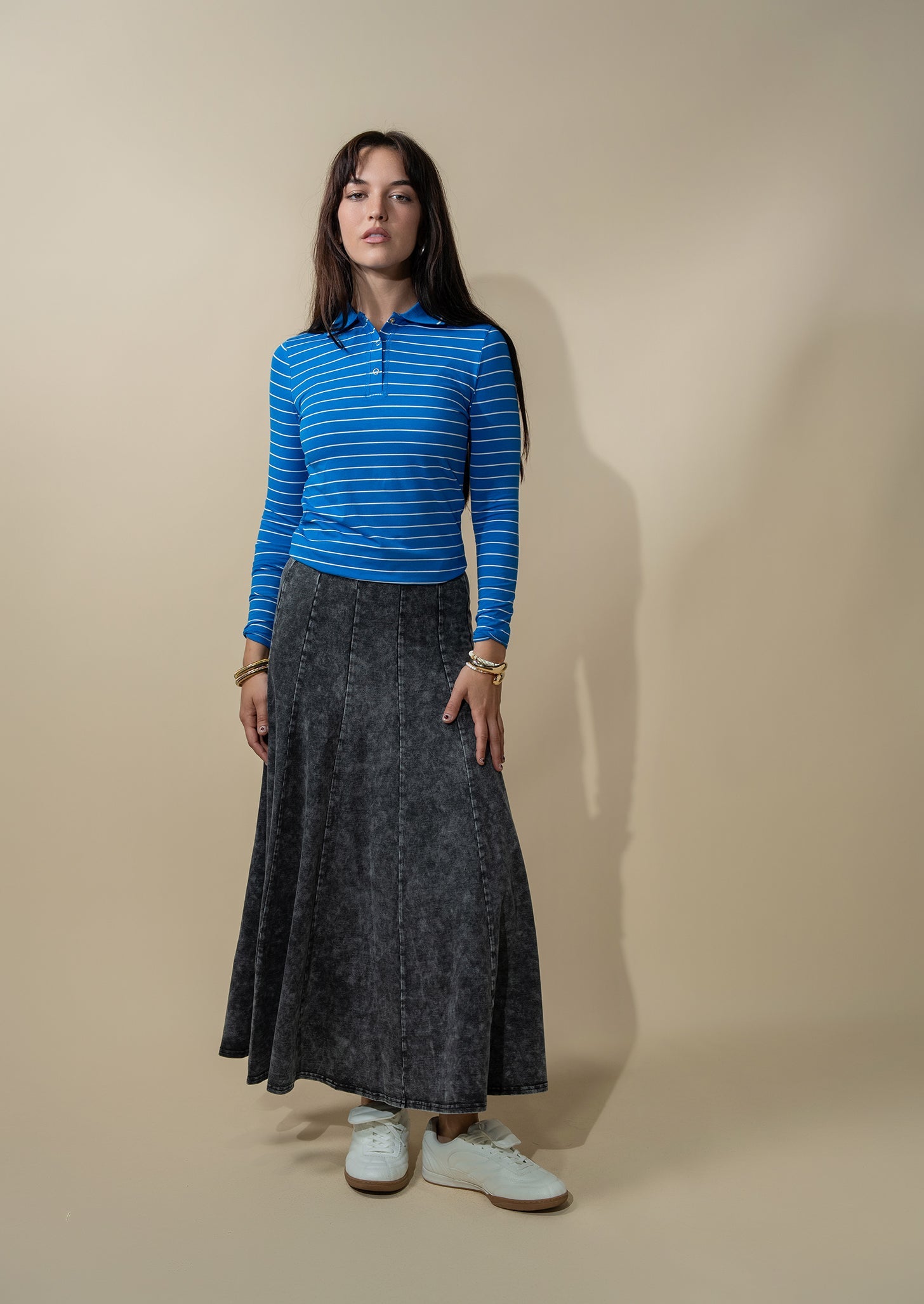 Striped Collar Snap Tee-Cobalt Blue/White