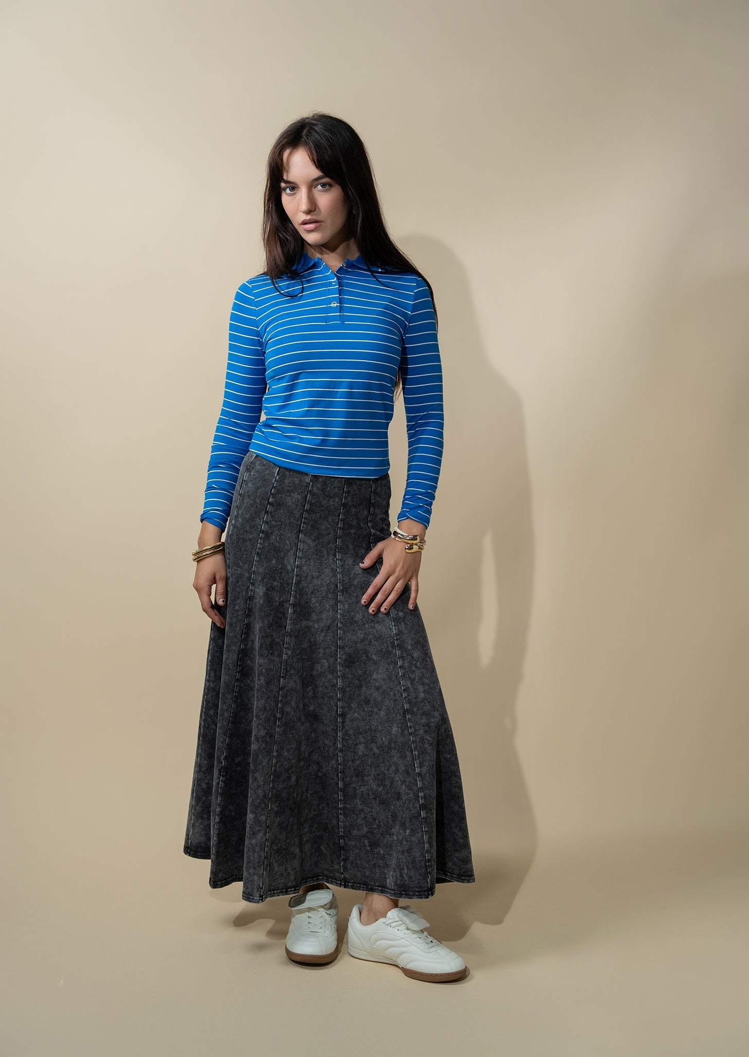 Striped Collar Snap Tee-Cobalt Blue/White