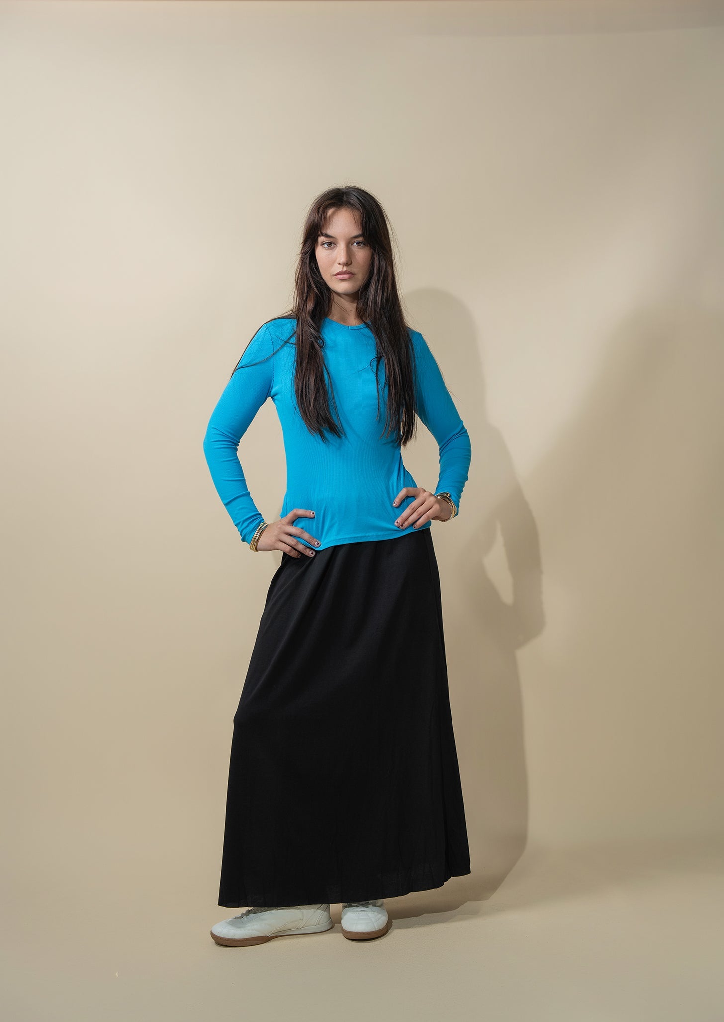 RIBBED HIGH V TEE LS-SKY BLUE